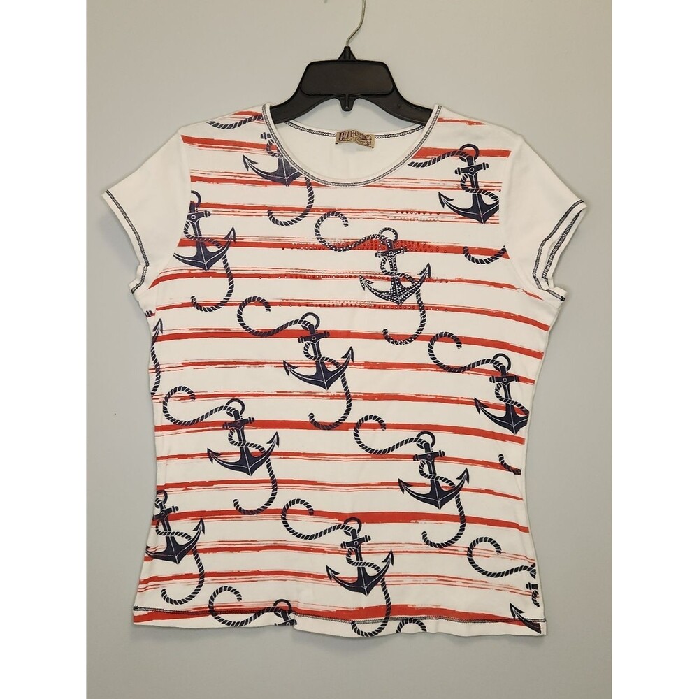 Blue Canyon Clothing Nautical Anchor Stripe Short Sleeve Tee Size XL